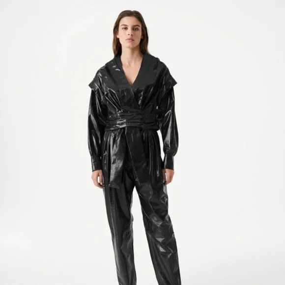 NWT $1195 Iro Tilka Leather Top Blouse in Black Size 36
